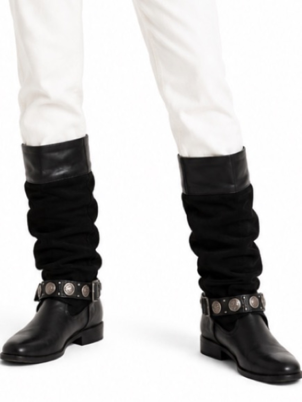 DINGO Black Leather Suede Whimsigoth Silver Coin Strap Slouchy Knee High Boots 7